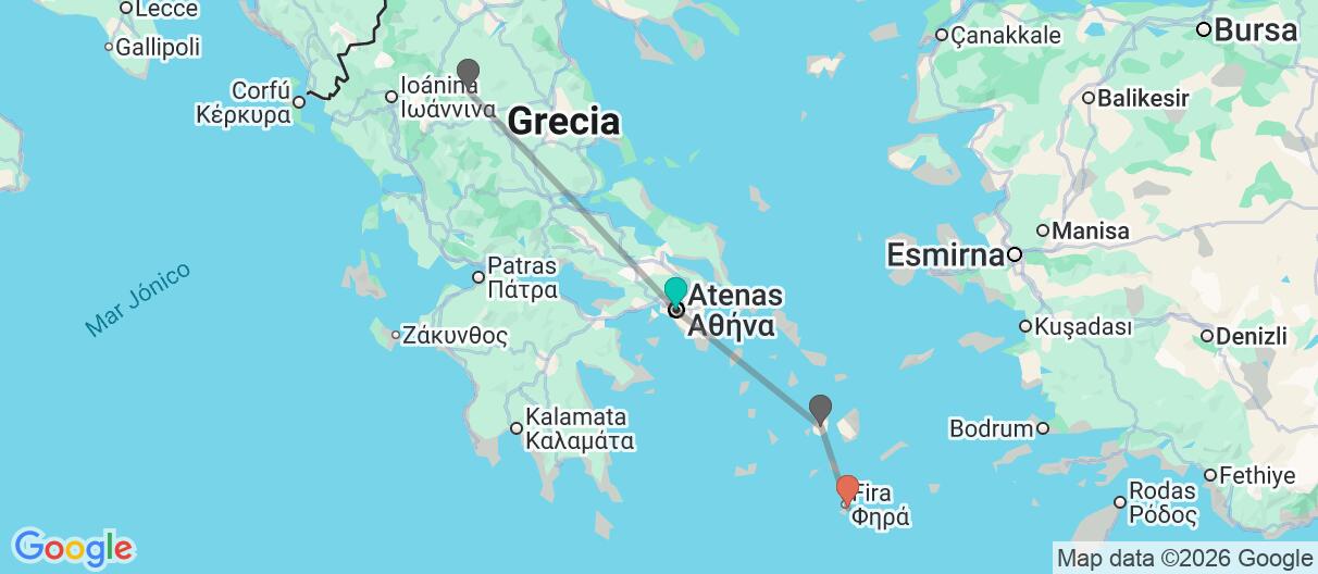 Mapa con el itinerario en Grecia