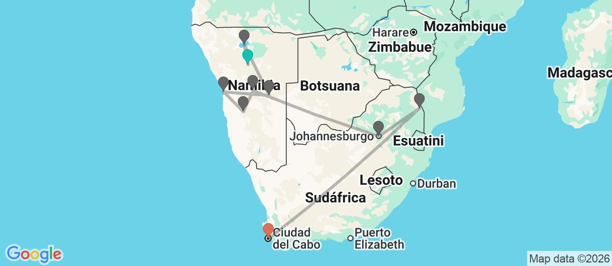 Mapa con el itinerario en Namibia y Sudáfrica