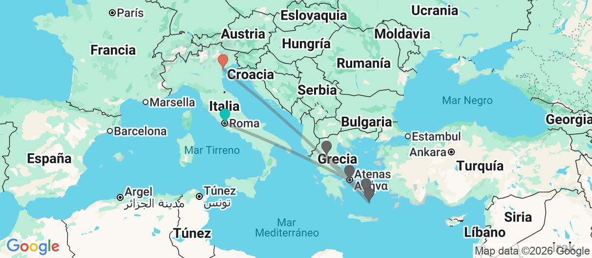 Mapa con el itinerario en Italia y Grecia