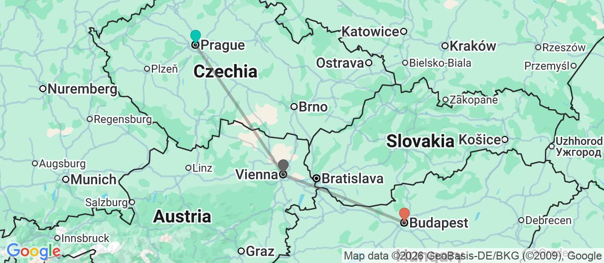 Map with itinerary in Czech Republic, Austria & Hungary