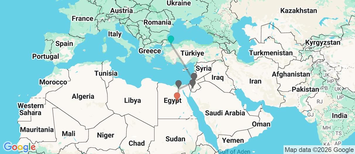 Map with itinerary in Turkey, Jordan & Egypt 