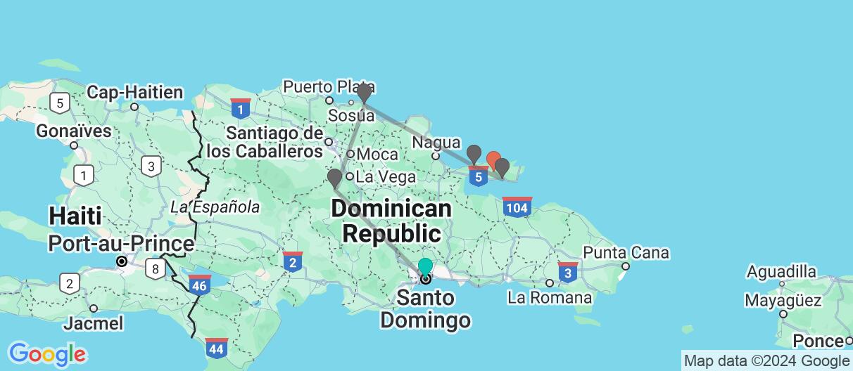 Map with itinerary in Dominican Republic