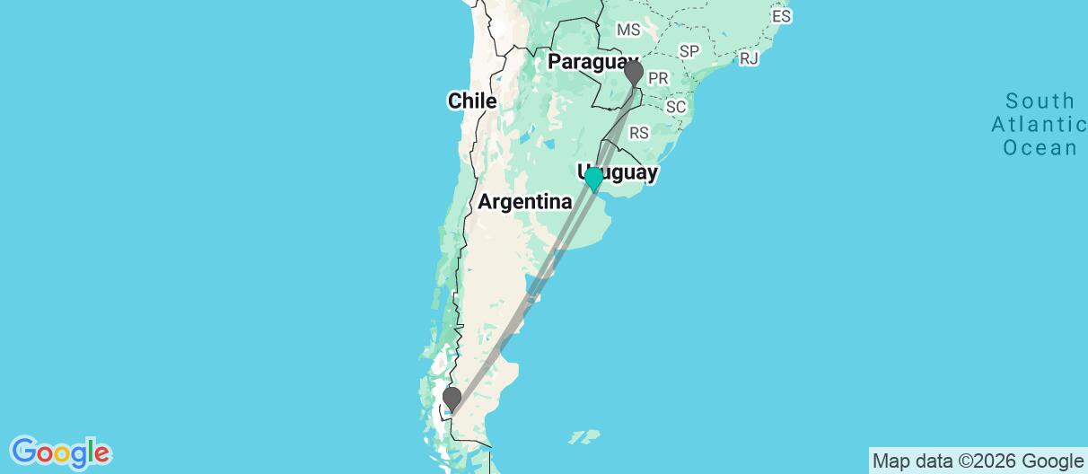 Map with itinerary in Argentina