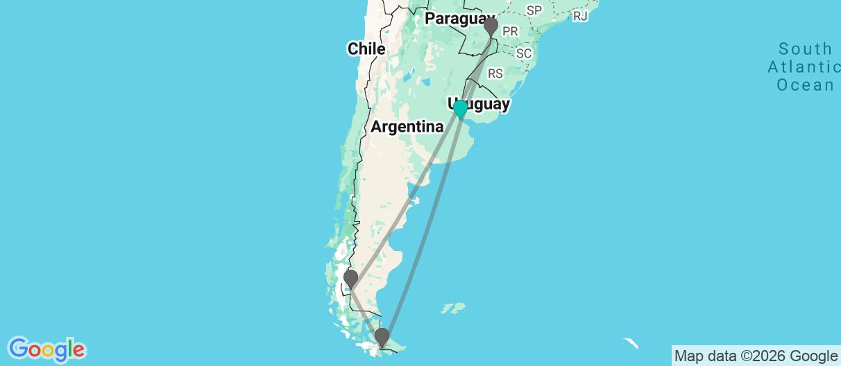 Map with itinerary in Argentina