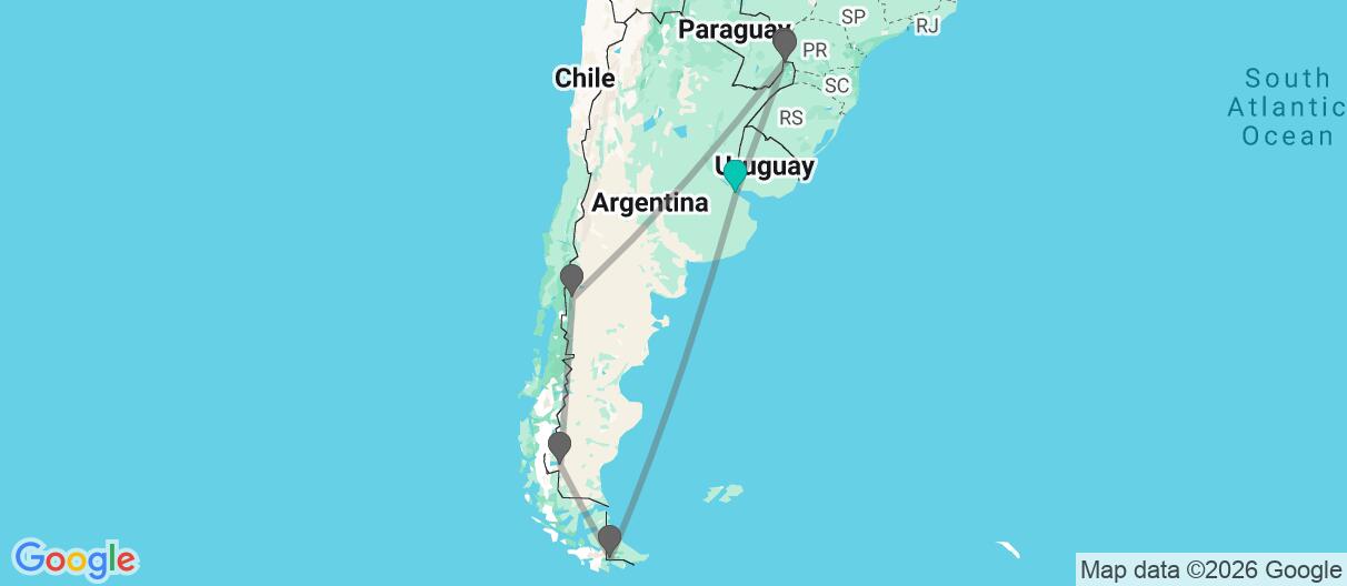 Map with itinerary in Argentina