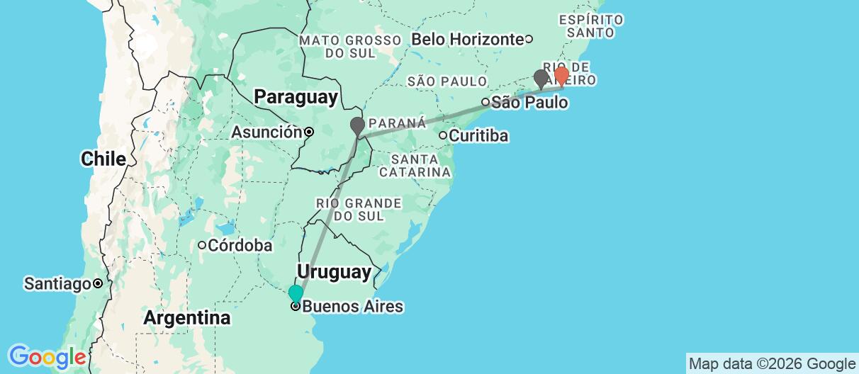 Map with itinerary in Argentina & Brazil