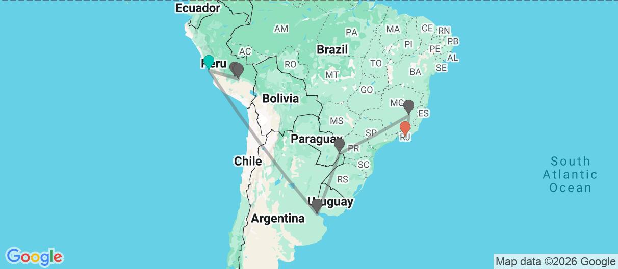 Map with itinerary in Peru, Argentina & Brazil