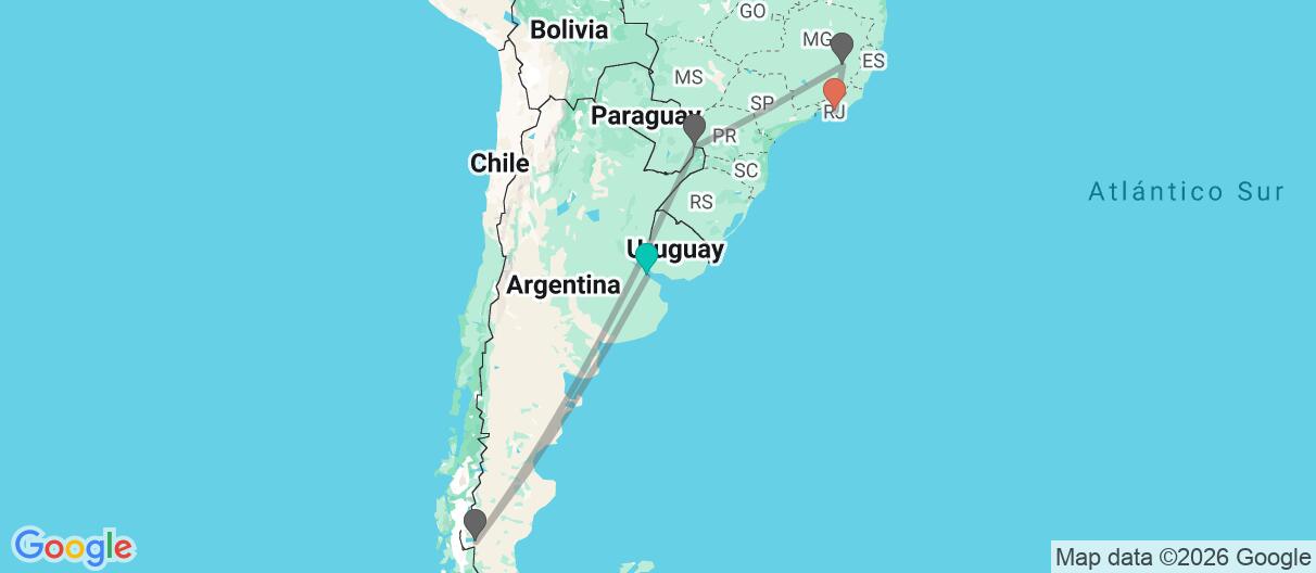 Mapa con el itinerario en Argentina y Brasil
