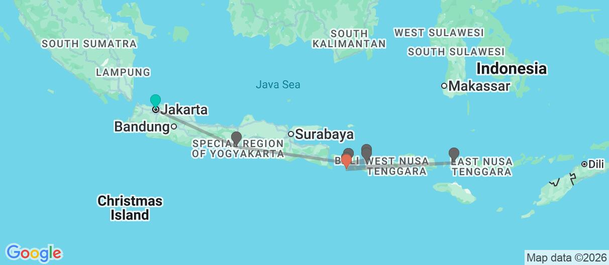 Map with itinerary in Indonesia