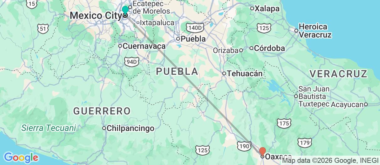 Map with itinerary in Mexico