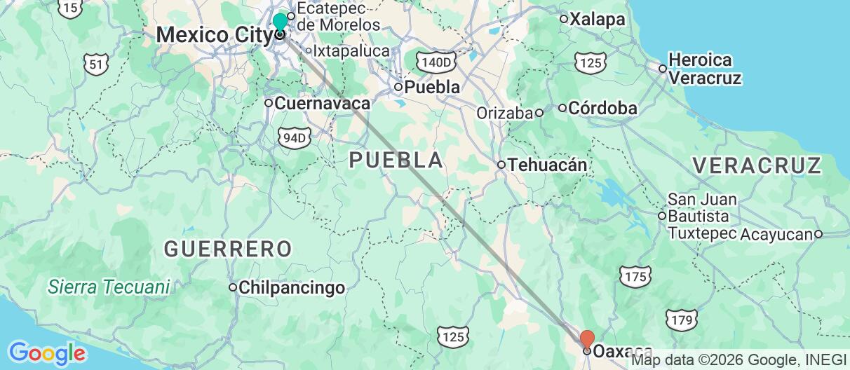 Map with itinerary in Mexico