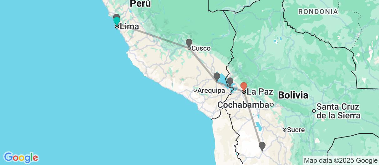 Mapa con el itinerario en Perú y Bolivia