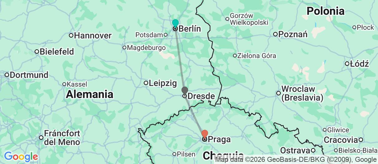 Mapa con el itinerario en Alemania y República Checa