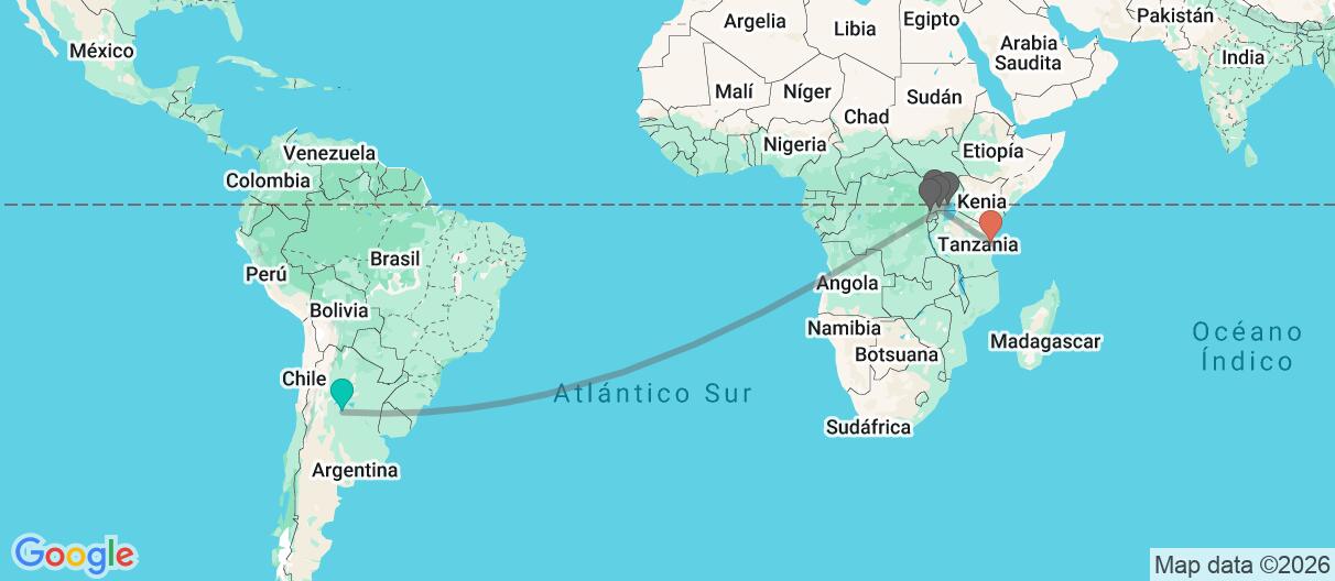 Mapa con el itinerario en Uganda y Tanzania