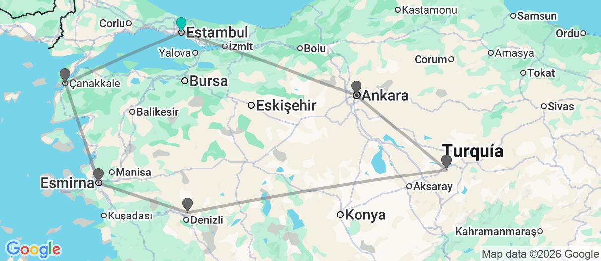 Mapa con el itinerario en Turquía