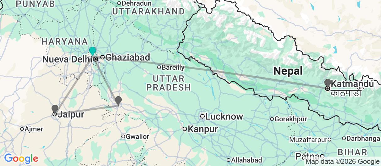 Mapa con el itinerario en India y Nepal
