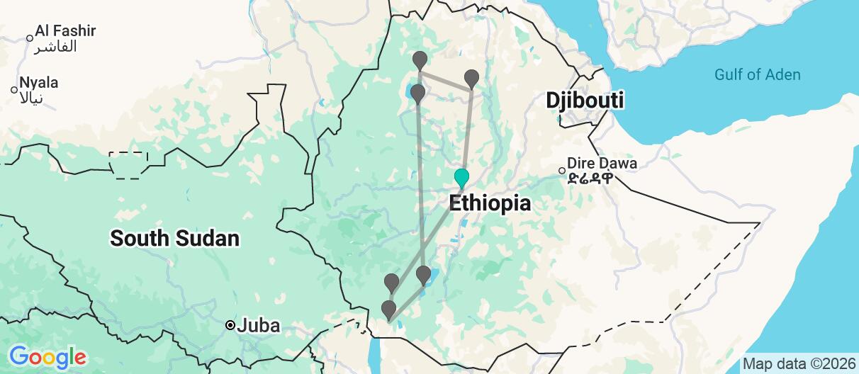 Map with itinerary in Ethiopia
