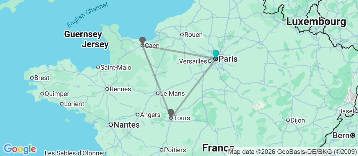 Map with itinerary in France