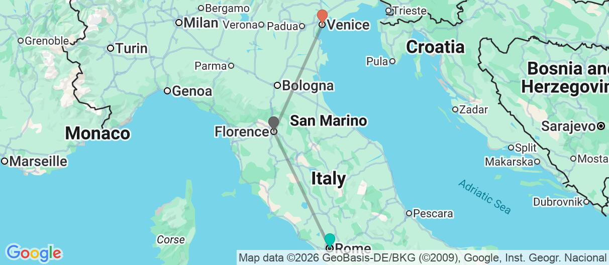Map with itinerary in Italy