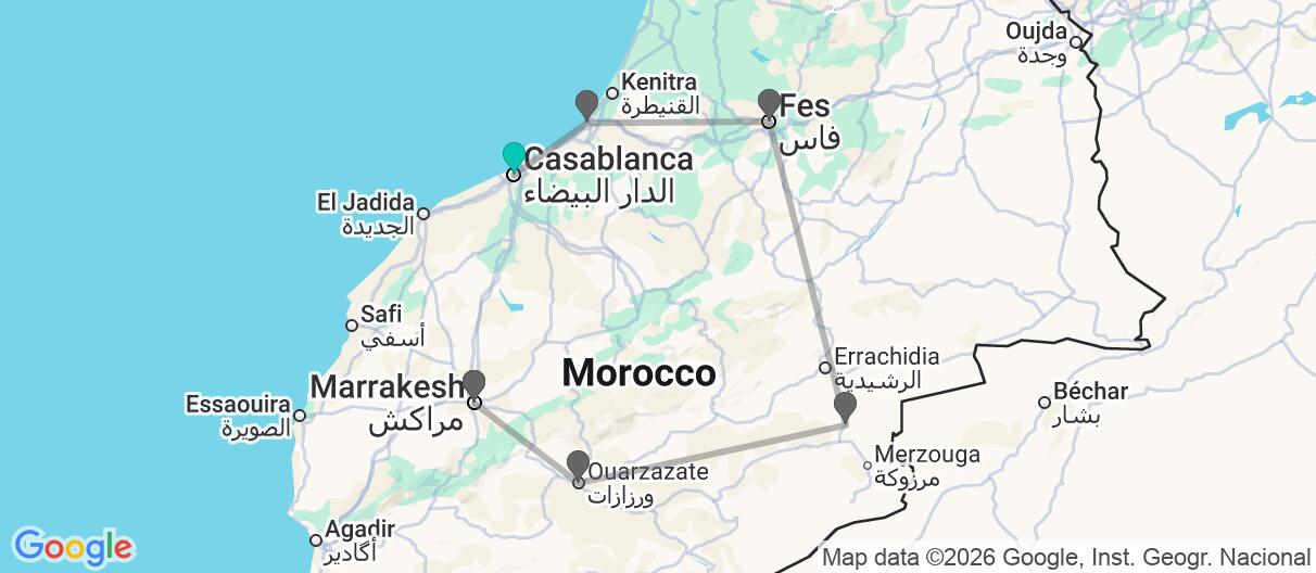 Map with itinerary in Morocco