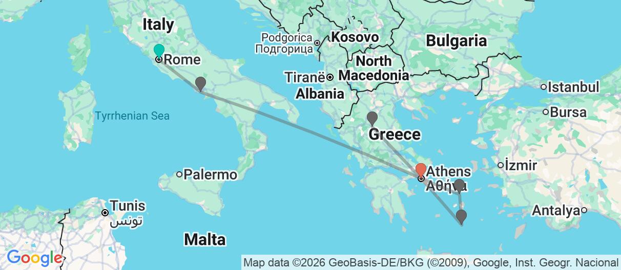 Map with itinerary in Italy & Greece