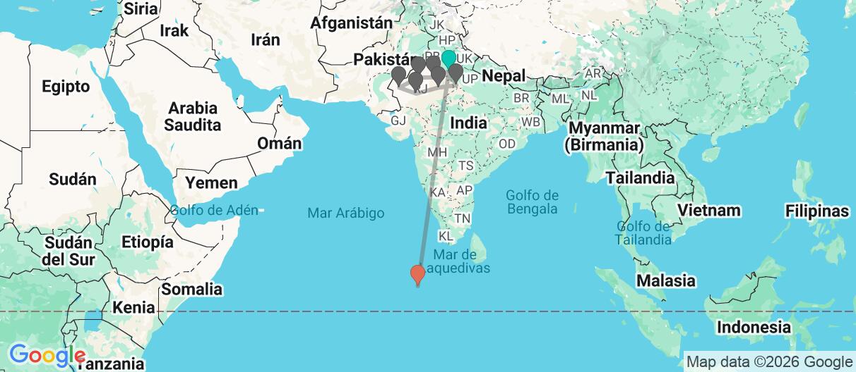 Mapa con el itinerario en India y Maldivas