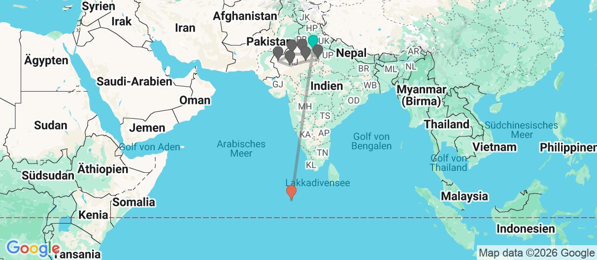 Karte mit Reiseroute in Indien & Malediven