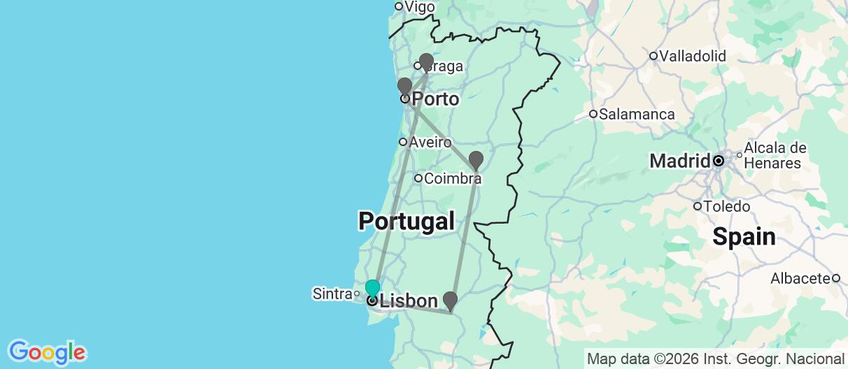 Map with itinerary in Portugal