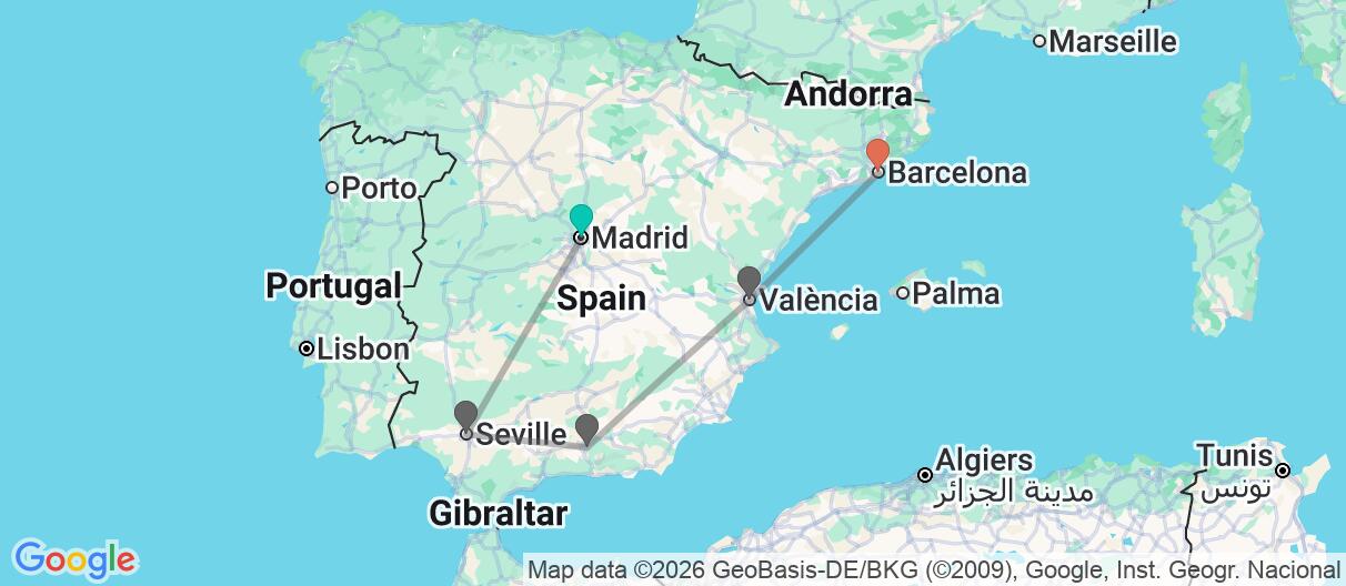 Map with itinerary in Spain