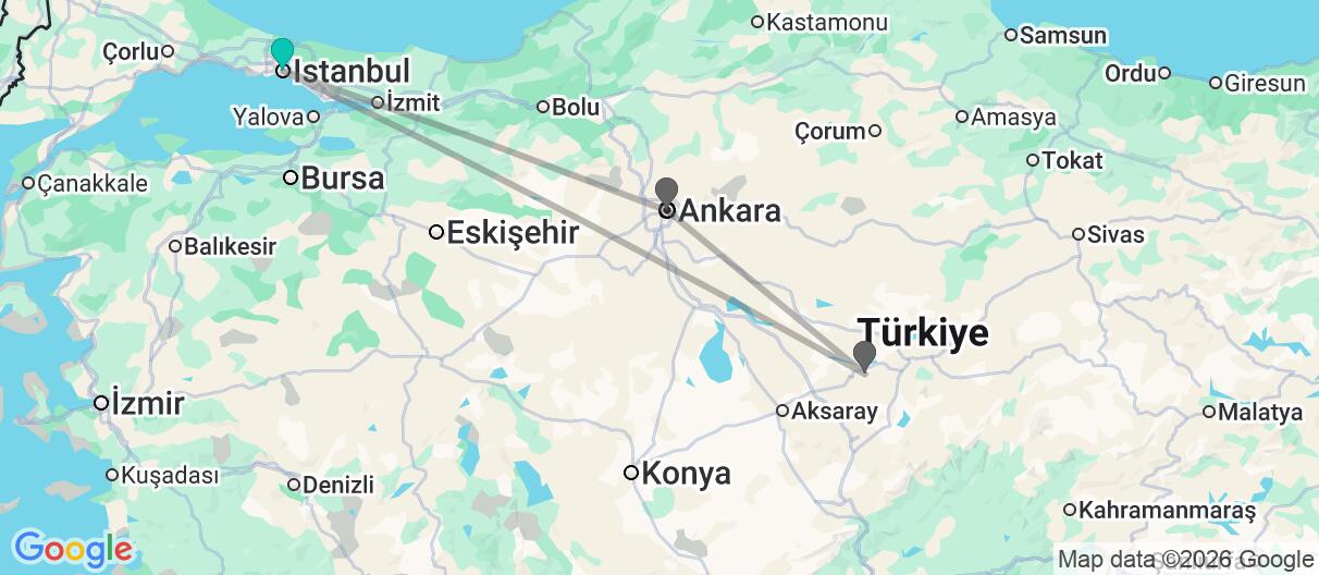 Map with itinerary in Turkey