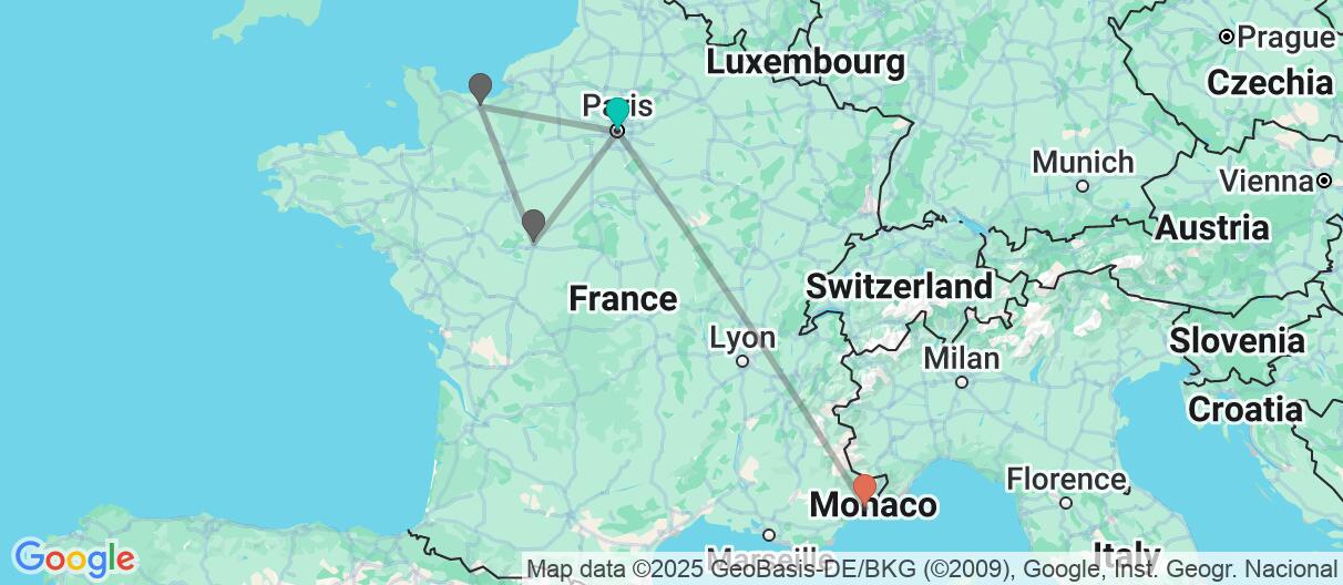 Map with itinerary in France & Monaco