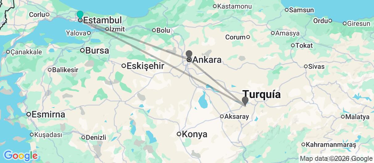 Mapa con el itinerario en Turquía