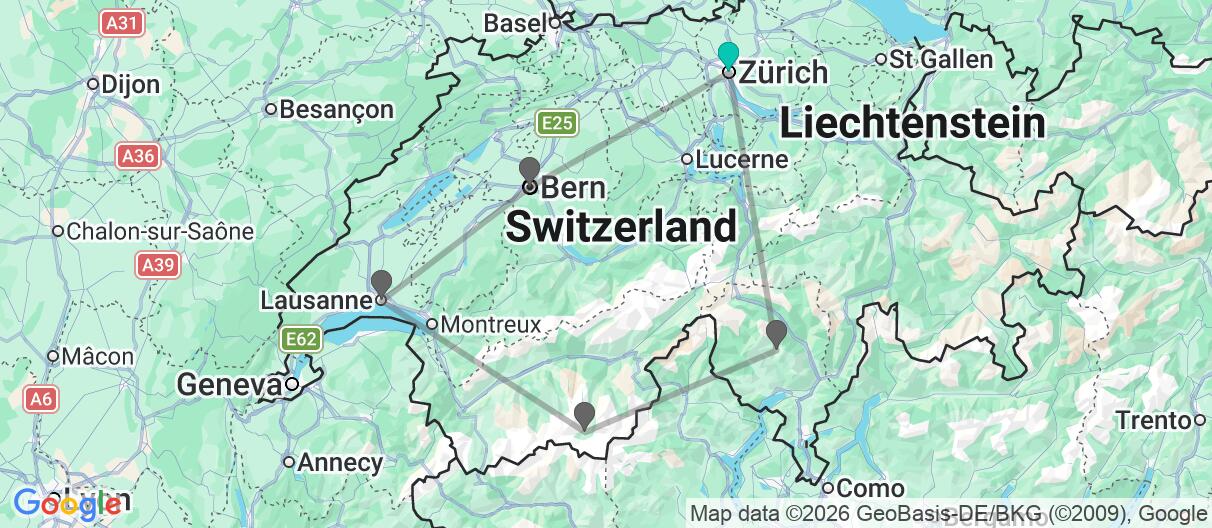 Map with itinerary in Switzerland