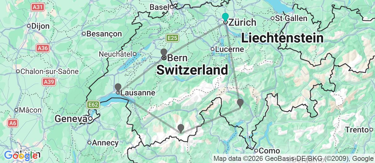Map with itinerary in Switzerland