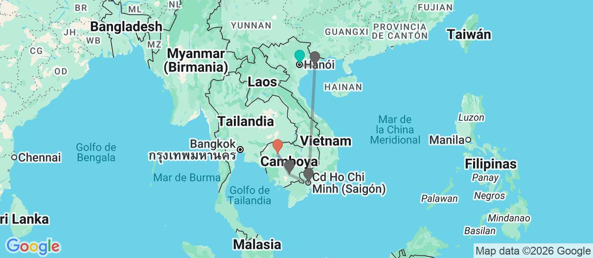 Mapa con el itinerario en Vietnam & Camboya