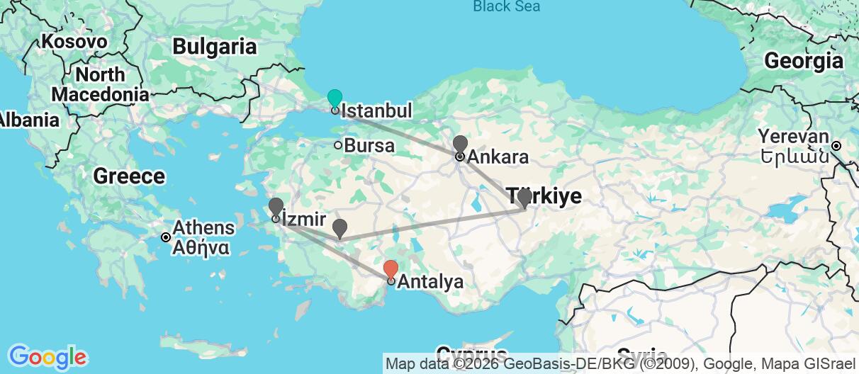 Map with itinerary in Turkey