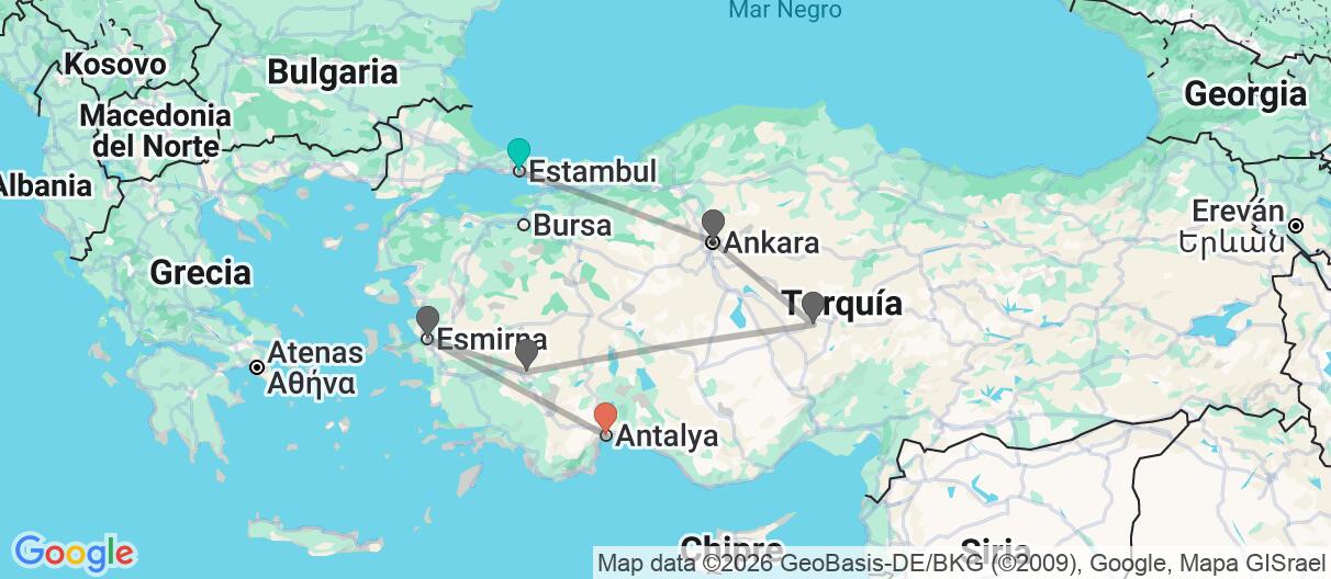 Mapa con el itinerario en Turquía