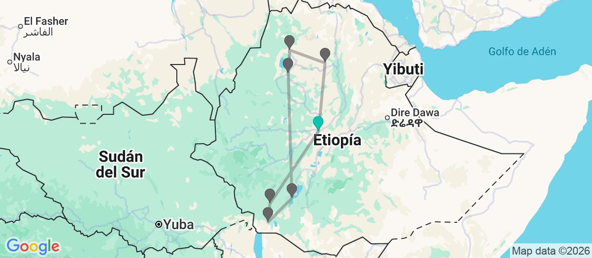 Mapa con el itinerario en Etiopía