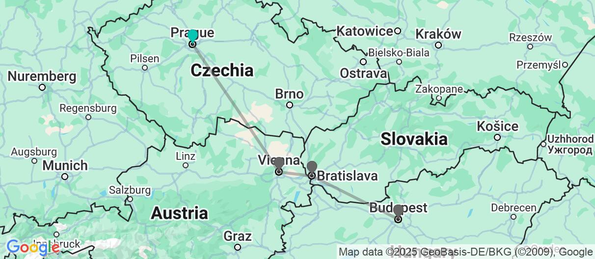 Map with itinerary in Czech Republic, Austria, Slovakia & Hungary
