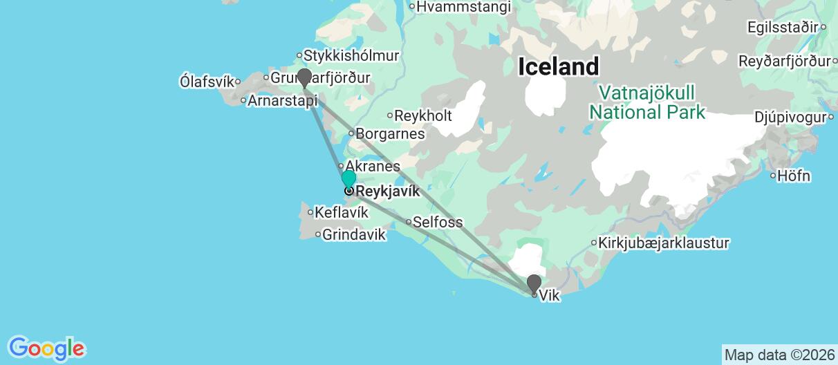 Map with itinerary in Iceland