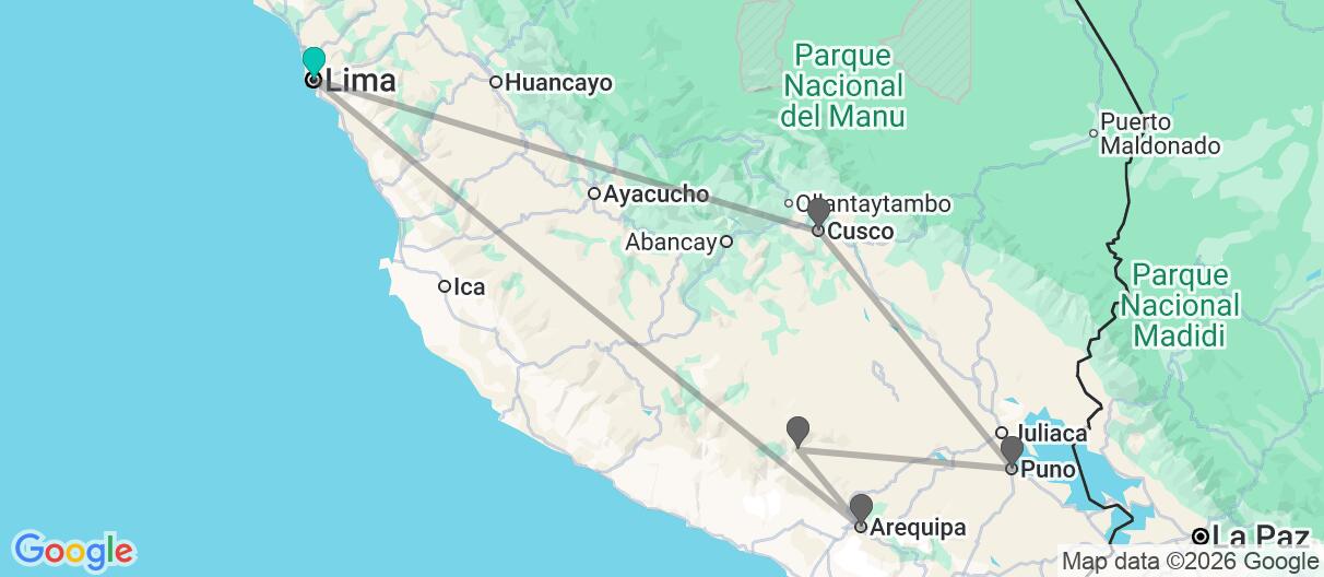Map with itinerary in Peru