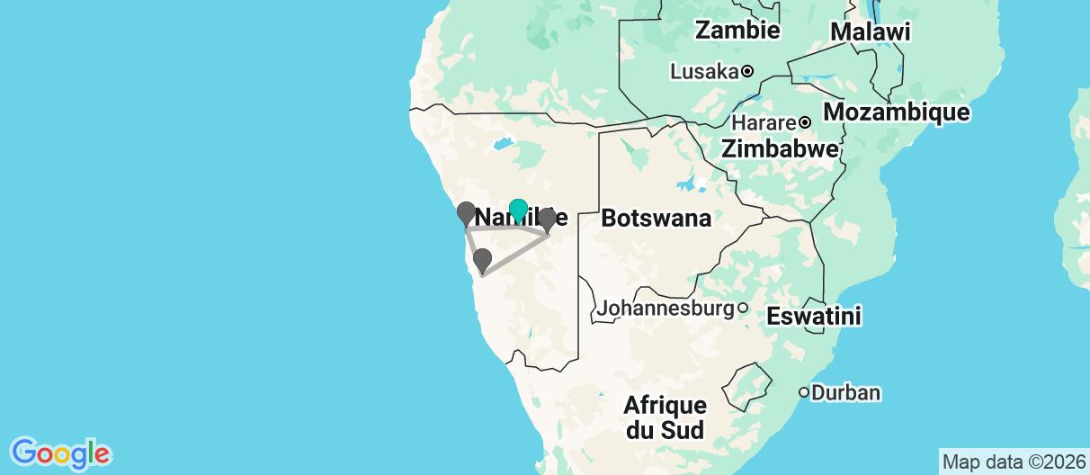 Carte avec l'itinéraire en/aux La Namibie