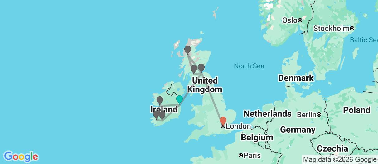 Map with itinerary in Ireland & Scotland & London