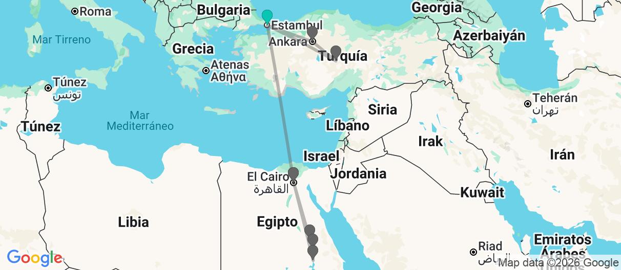 Mapa con el itinerario en Turquía y Egipto