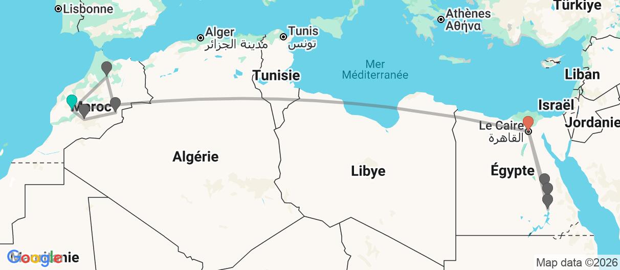 Carte avec l'itinéraire en/aux Maroc & Égypte