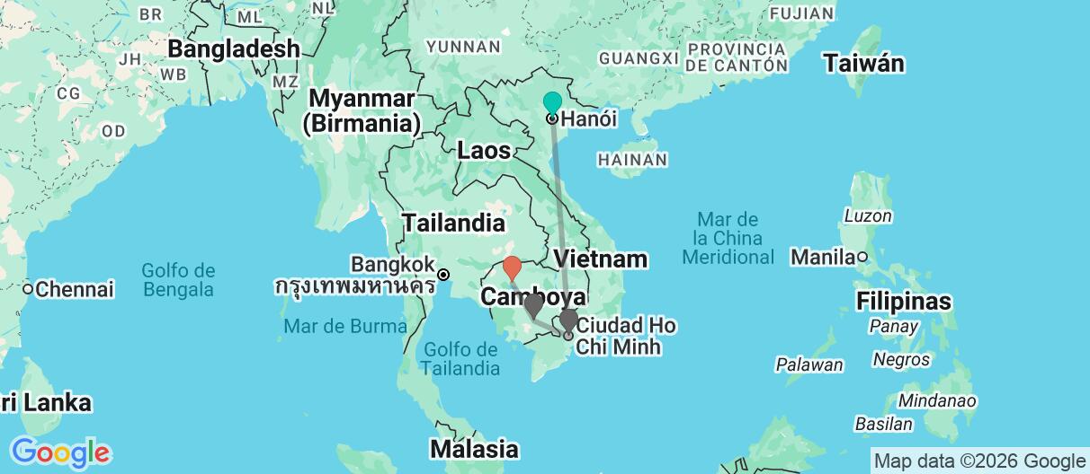 Mapa con el itinerario en Vietnam & Camboya
