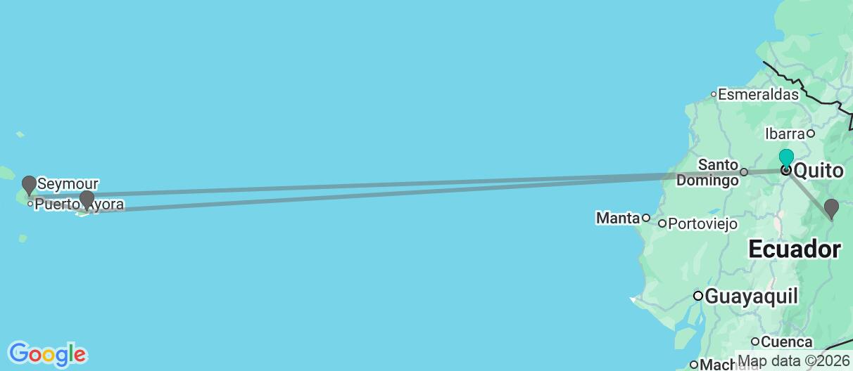 Map with itinerary in Ecuador