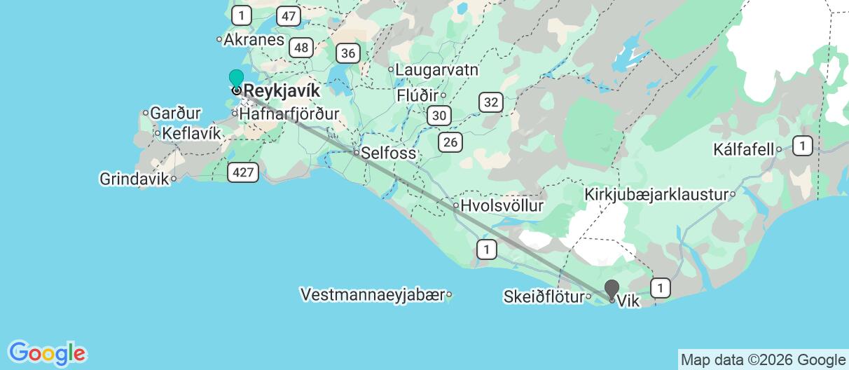 Map with itinerary in Iceland