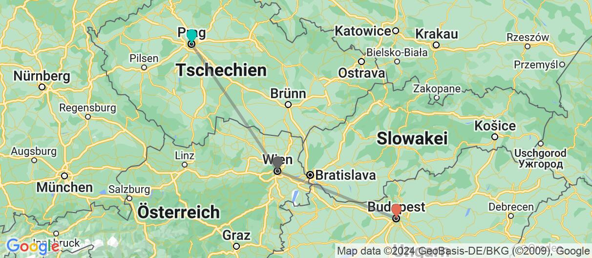 Karte mit Reiseroute in Tschechien, Österreich und Ungarn