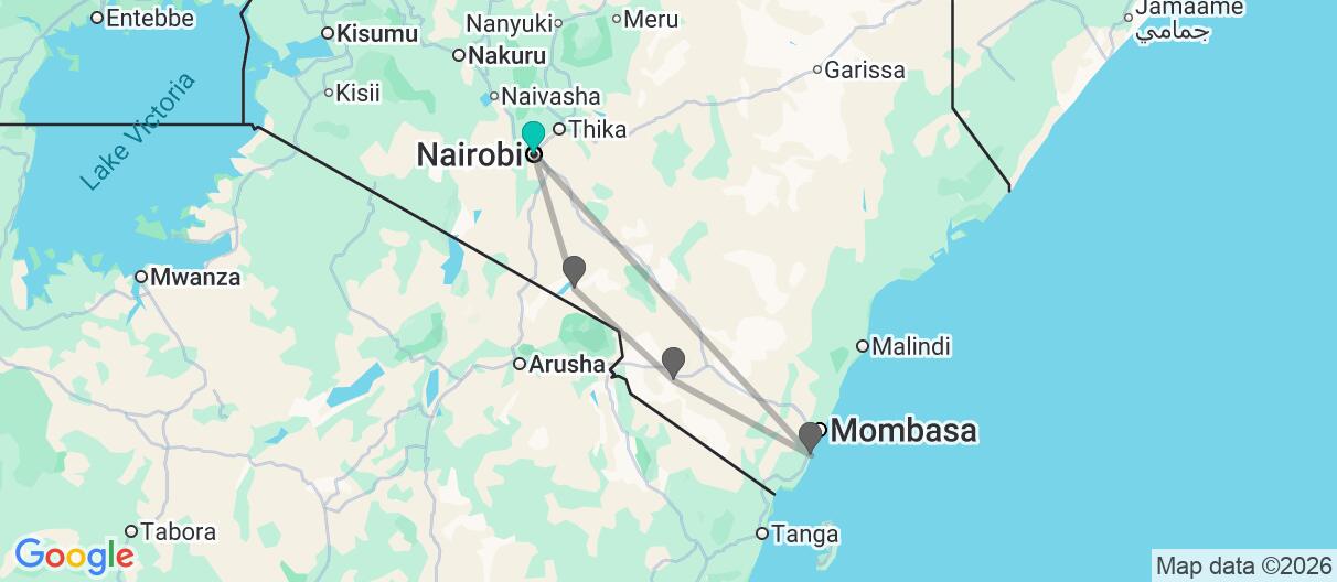 Mapa con el itinerario en Kenia